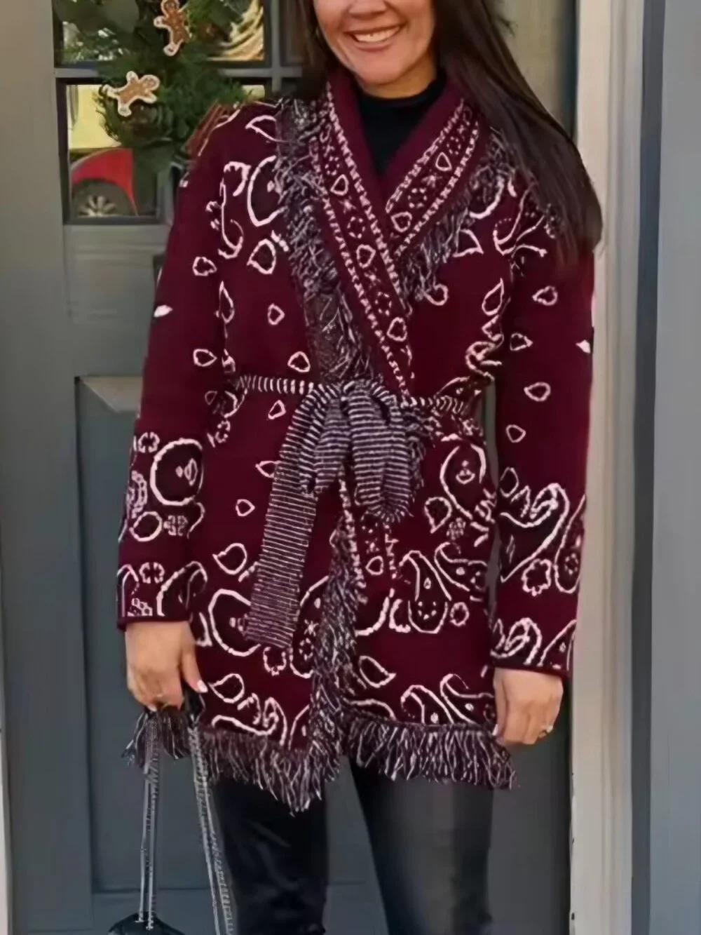 Autumn Fashion Tassel Autumn Women Jacquard Knit Cardigan Loose Long Sleeve Belt